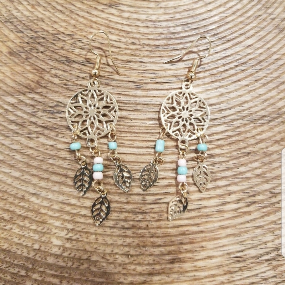 New Boho Earrings Drop Beads Blue Gold Chandelier Pierced Pink Round Vintage